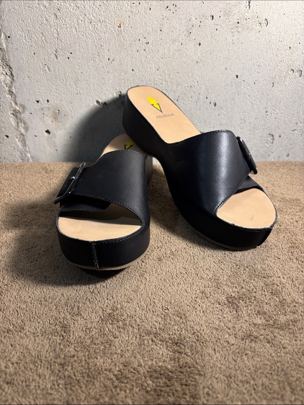 Volatile Bertha Black Platform Wedge Slide Sandals with Buckle - Size 8